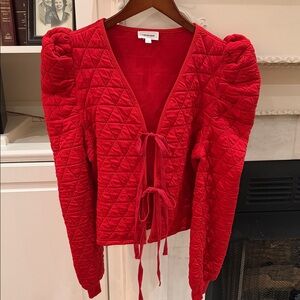 COASTAL GRANDMOTHER RARERAW Red Quilted Tie-Front Puff Sleeve Cardigan S